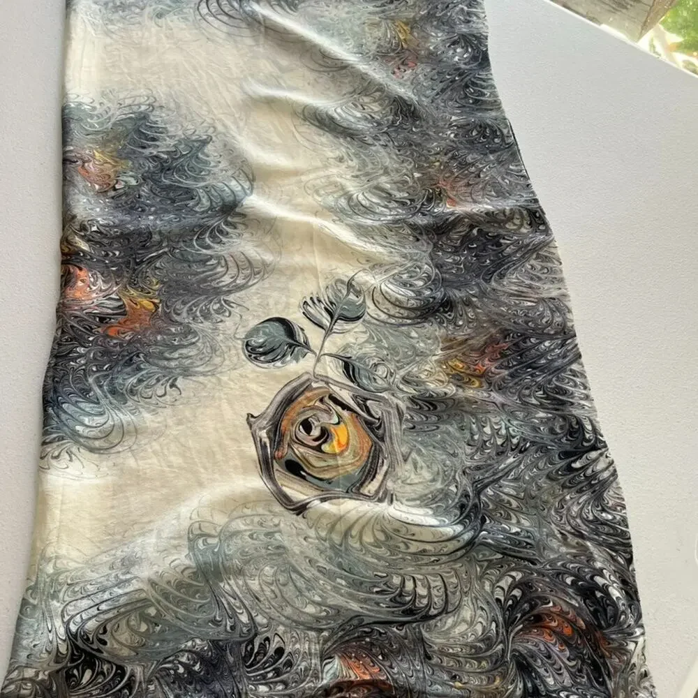 Marble Swirl Silk Scarf Hand Marbled Square Ivory Black Gray Hand Rolled Hem 30